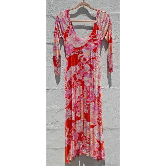 Free People Dress XS Pink Orange Floral Maxi Boho Flowy 70s Retro Maximalist - Picture 3 of 11